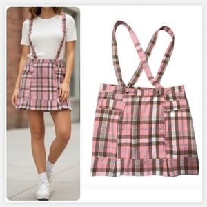 Pink Plaid Mini Skirt with Removable Suspenders